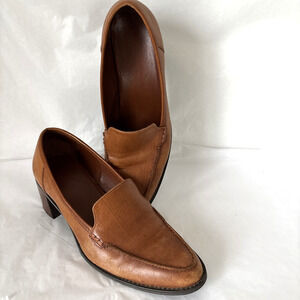 Vintage Leather Loafer Block Heel Shoes BRANDEIS 70s Preppy Brown Slip On 8.5